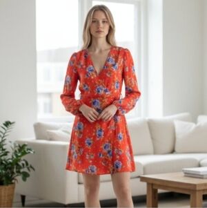 NWT Zara Dress Womens Small Red Floral Polka Dot Wrap Mini Long Sleeve Tie Waist